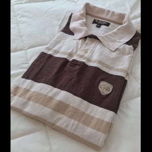 Tan and Brown Striped Short Sleeve Polo Shirt